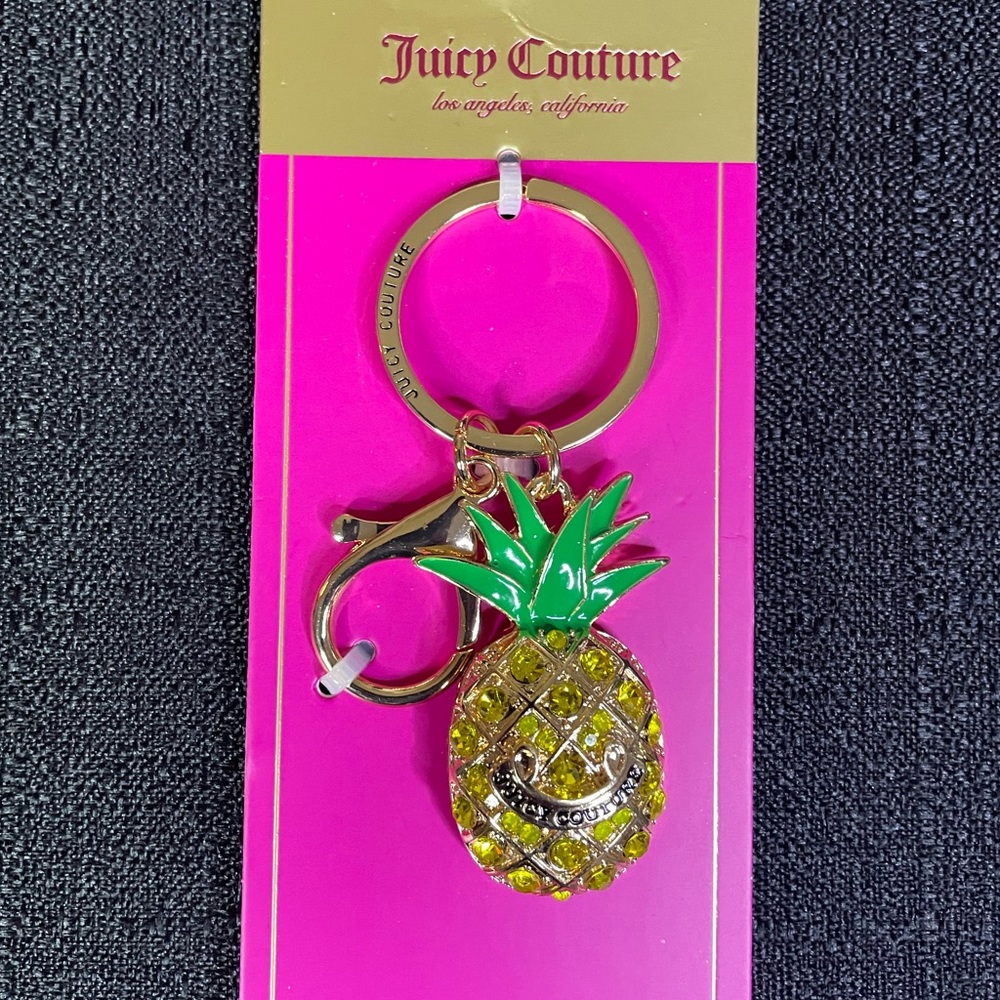 Juicy Couture Rhinestone Gold-Tone Pineapple Keychain Yellow Green Gold NEW NWT - Picture 2 of 6